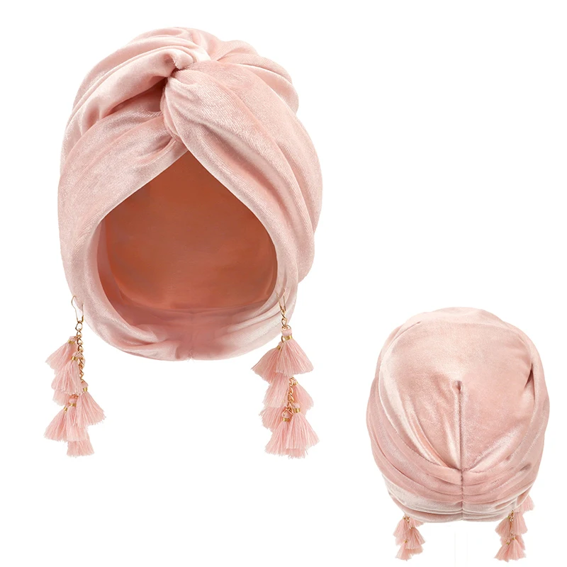 

Women Muslim Velvet Tassel Turban Hat Soft Stretch Bohemian Cross Hijabs Bandana Headband Beanies Cap Islamic Head Wrap