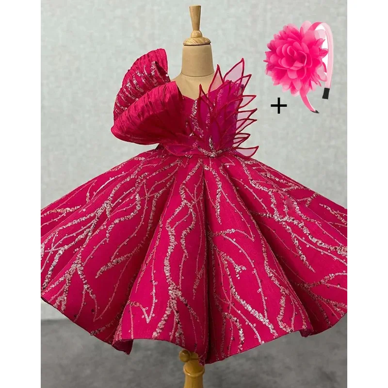 Gorgeous luxurious Rose red Sequin Flowers Princess birthday Party Ball Gown Princess Dress Kids Girls Dresses For Weddings