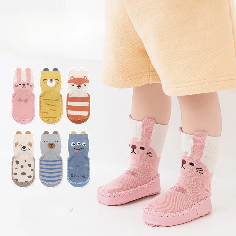 Autumn and Winter New Baby Anti Slip Walking Shoes for Infants and Children Glued Floor Socks 3D Cartoon Leather Sole Socks