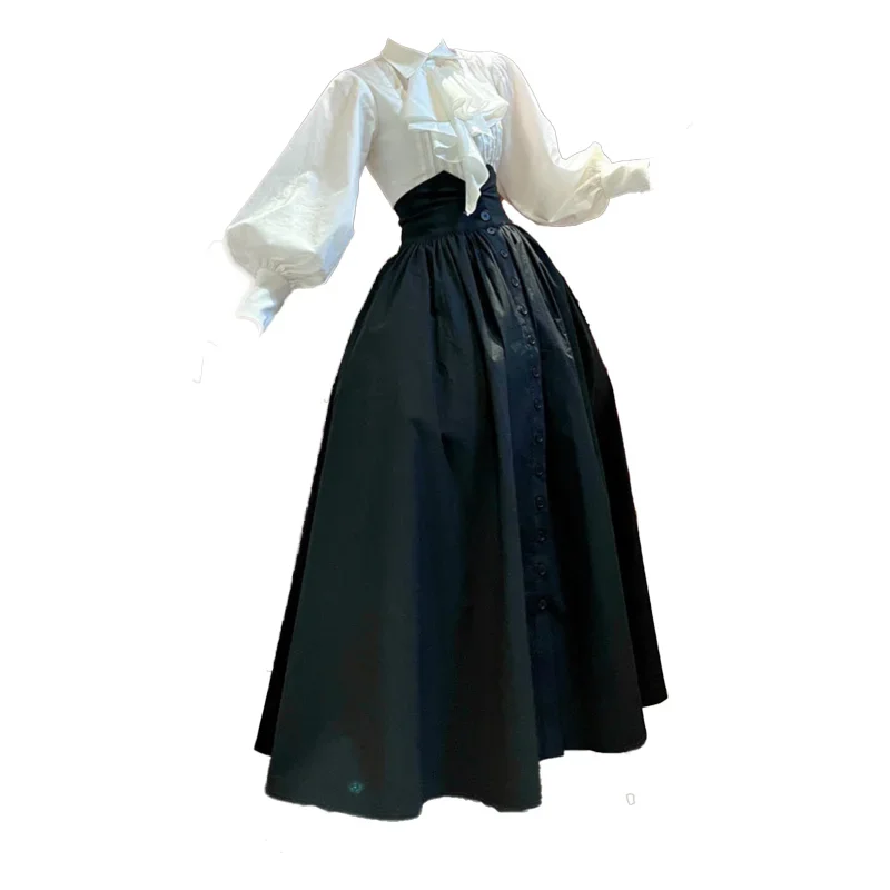 Large size retro lantern sleeve shirt women's spring and autumn high-end black skirt