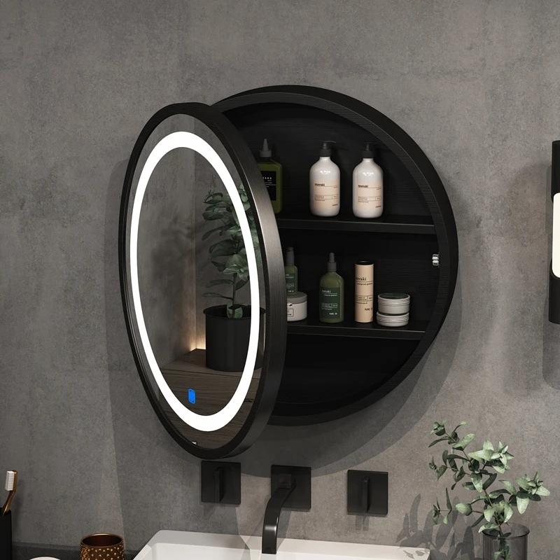 Wall-mounted solid wood oval LED smart bathroom mirror storage box cabinet bathroom toilet wall-mounted round mirror with light