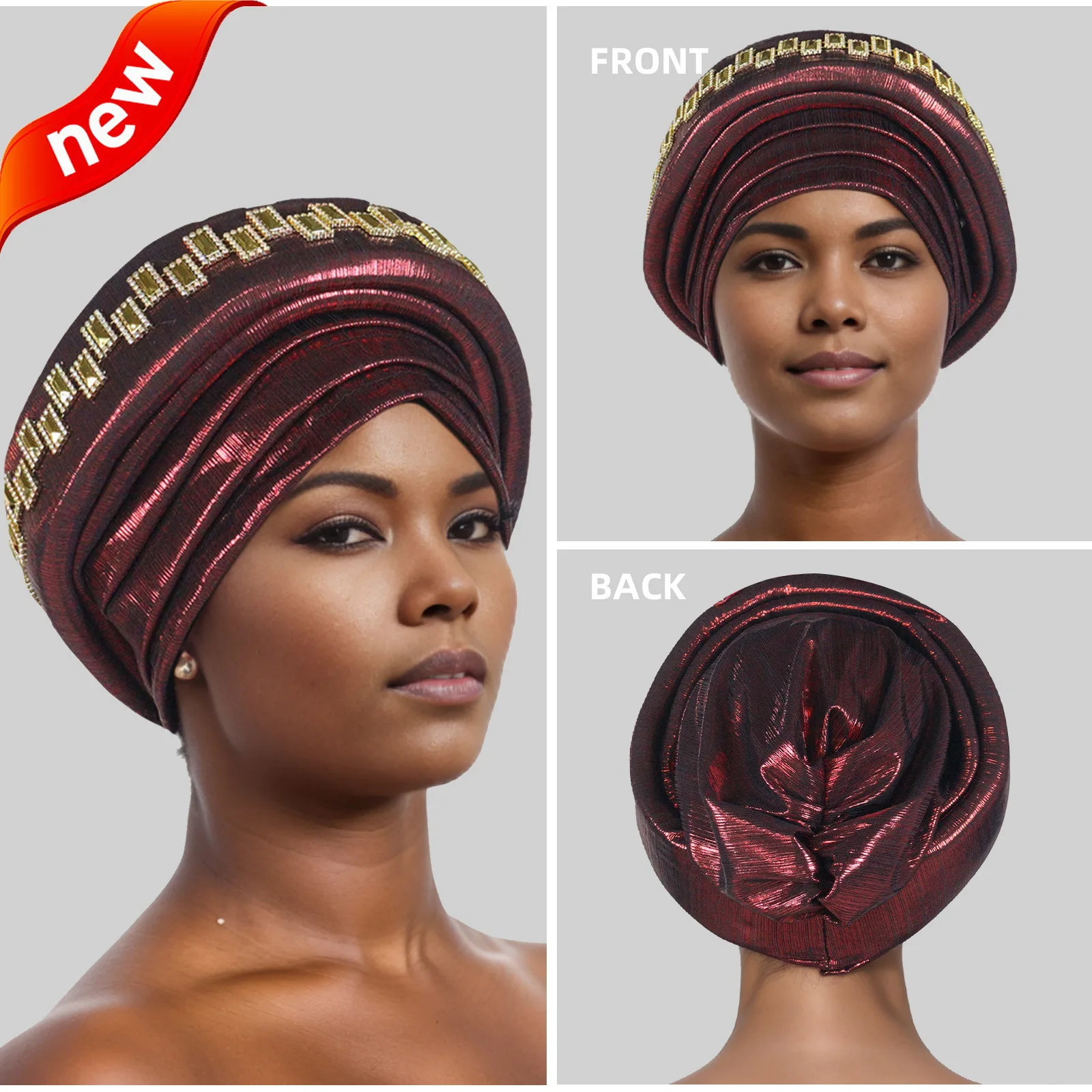 Handmade African Headtie Glitter Diamonds Wedding Auto Gele Nigerian Women's Headscarf Pleated Turban Cap Female Head Wraps