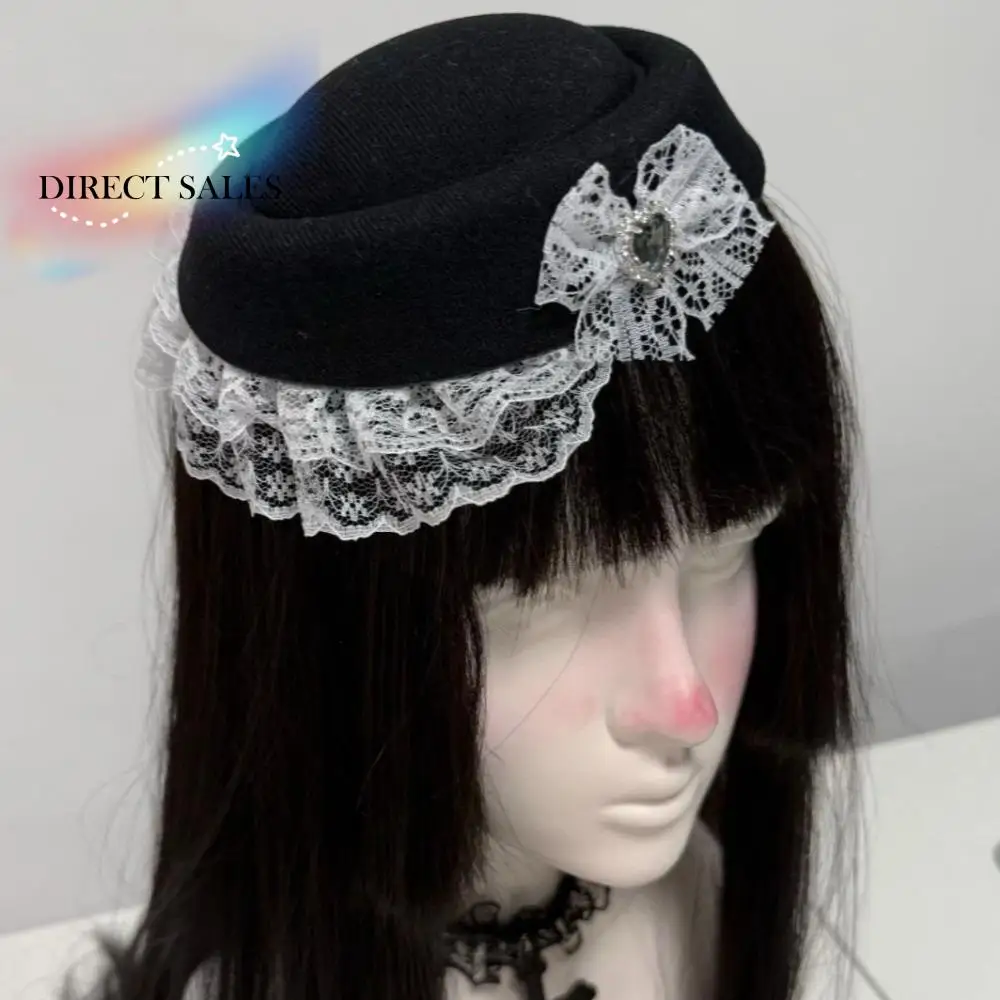 

Headdress Elegant Lace Billycock Hat Exquisite with Hair Clips Bow Pillbox Hat Sweet French Style Heart Crystal Round Hat Ladies