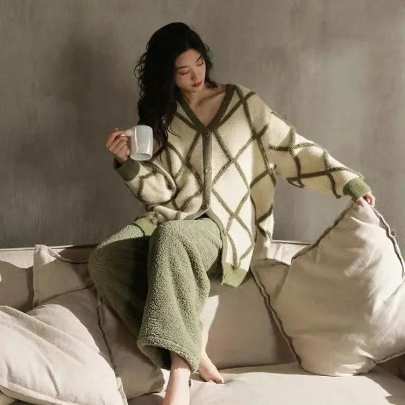 Winter Lazy Wind Coral Fleece Pajamas Women Plaid Homewear Cardigan Pile Thicken Loungewear Suit Loose V-neck Female Sleepwear