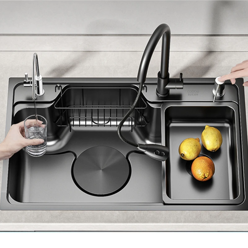 Large Multiple Size Black Grey Nano Kitchen Sink Thickened Wash Basin Single Bowl Topmount Undermount Faucet Drain