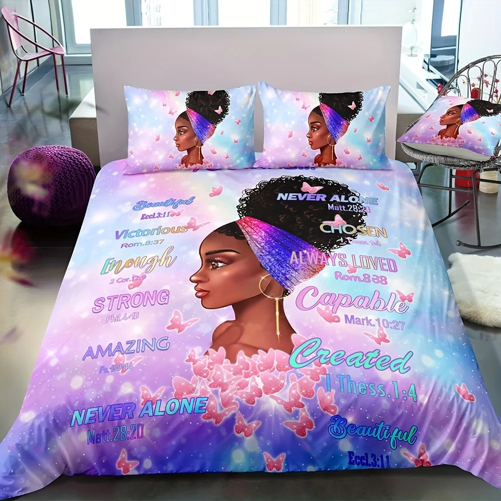 

3-Piece Vibrant Butterfly African American Black Girl Print Duvet Cover Set Comfortable Bedding for Bedroom and Guest Room