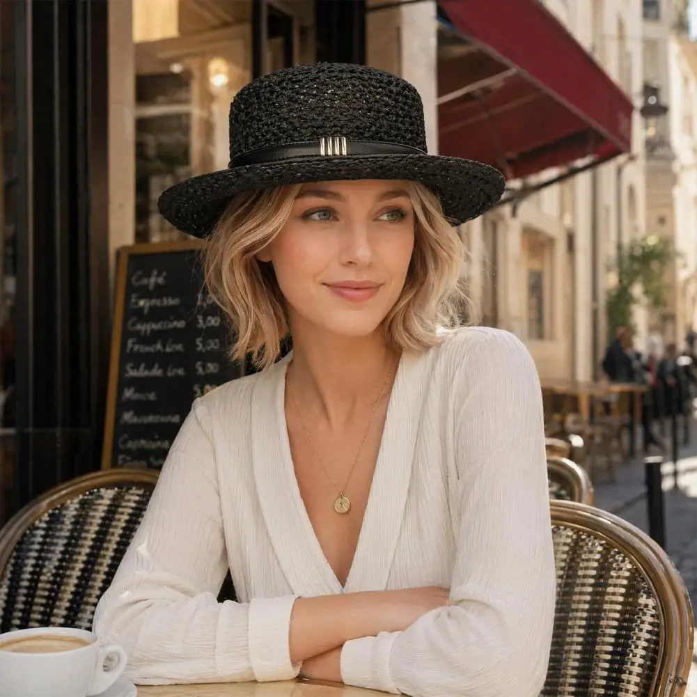 Straw Sun Hat Beach Hat Flat Top Knitted Straw Hat with Imitation Leather Strap Wide Brim Sun Protection Breathable Hollow Weave