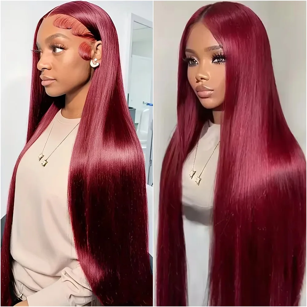 

32 40Inch 99J Straight 13x6 hd Lace Frontal Wig Human Hair Burgundy 13x4 Transparent Lace Front Brazilian Colored Wigs For Women