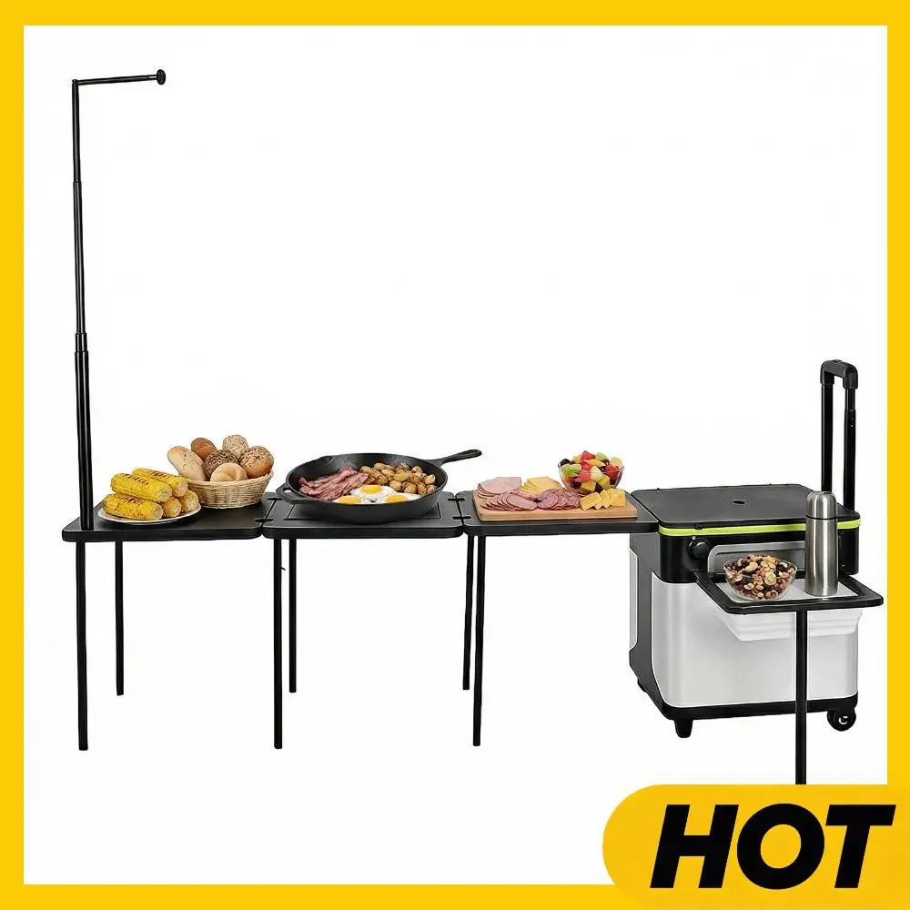

Camping Kitchen Table with Wheels Portable Folding Camp Cook Station with Light Poles for Picnic Party Beach BBQ Cooking Indoor