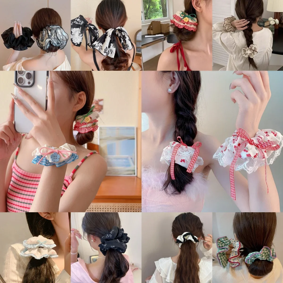 韓国風スイートでキュートなイチゴレースのリボン、大きな腸のヘアタイ、レースのタイ、ボールヘッドとローポニーテールヘッドロープ2個