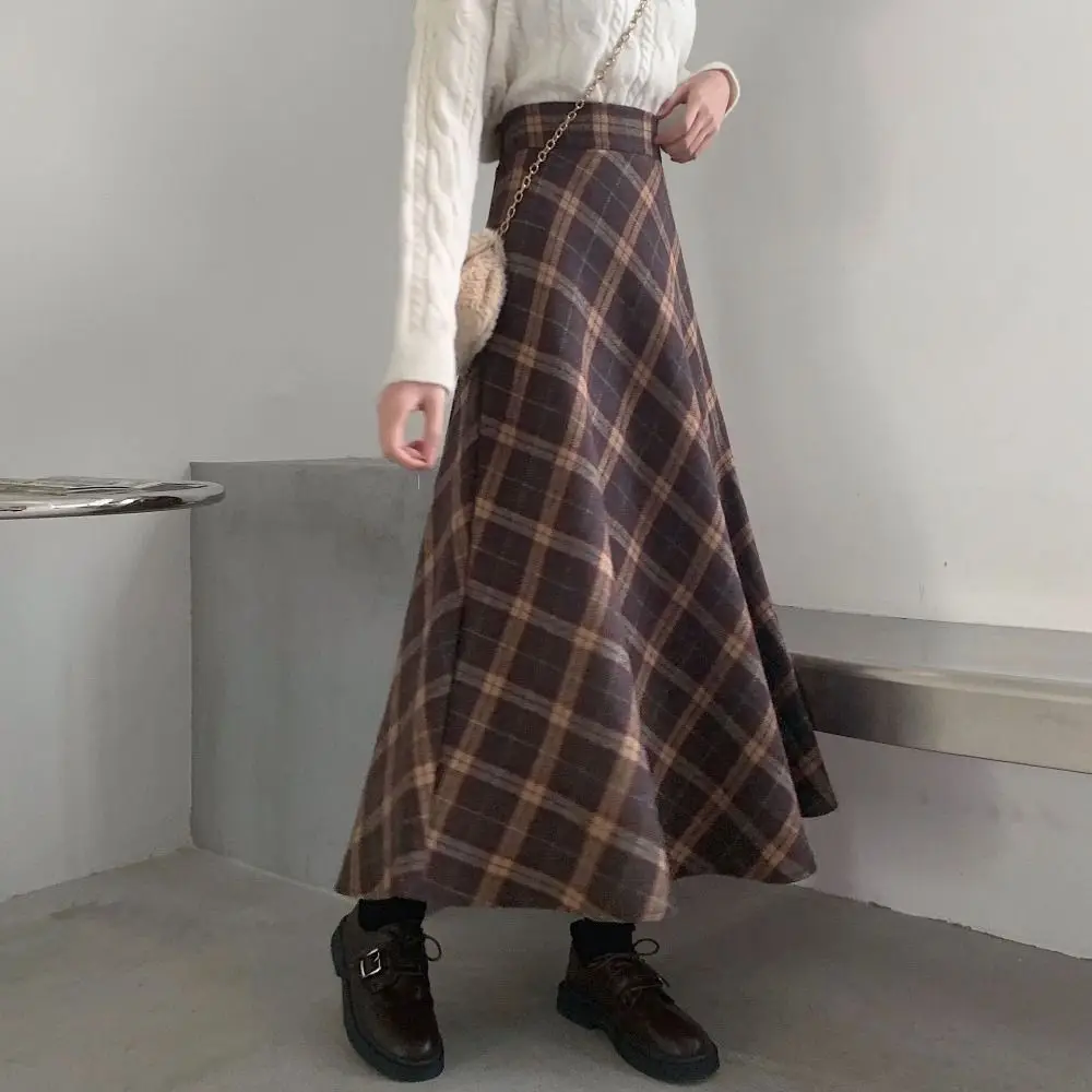 Hohe Taille Retro Plaid Rock Slim Fit Winter Autumu Hohe Taille Langer Rock Adrette Ästhetische A-linie Halbes Kleid Mädchen – Detail 6
