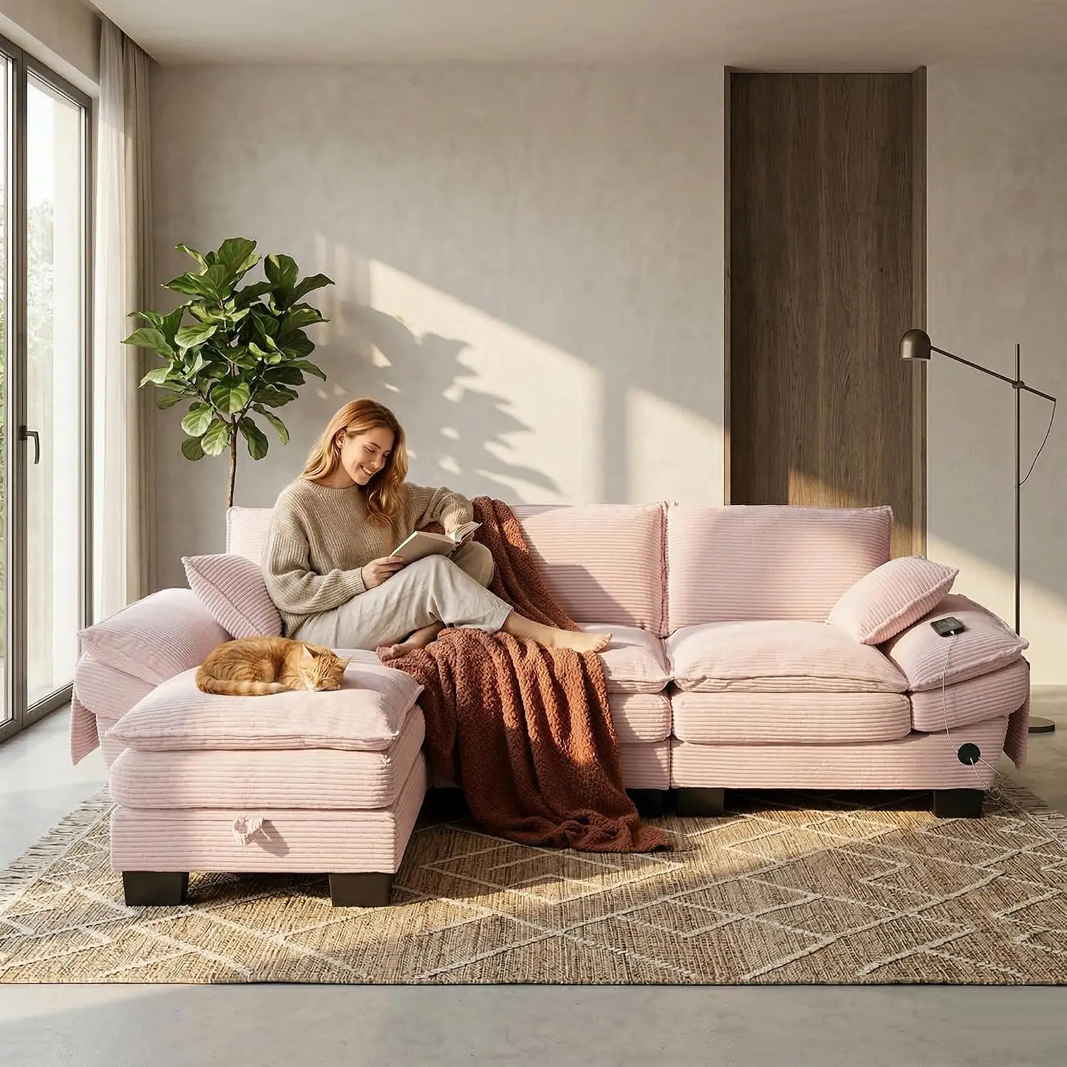 Pink Corduroy L Shape Sectional Sofa With Ottoman & USB Ports, 102