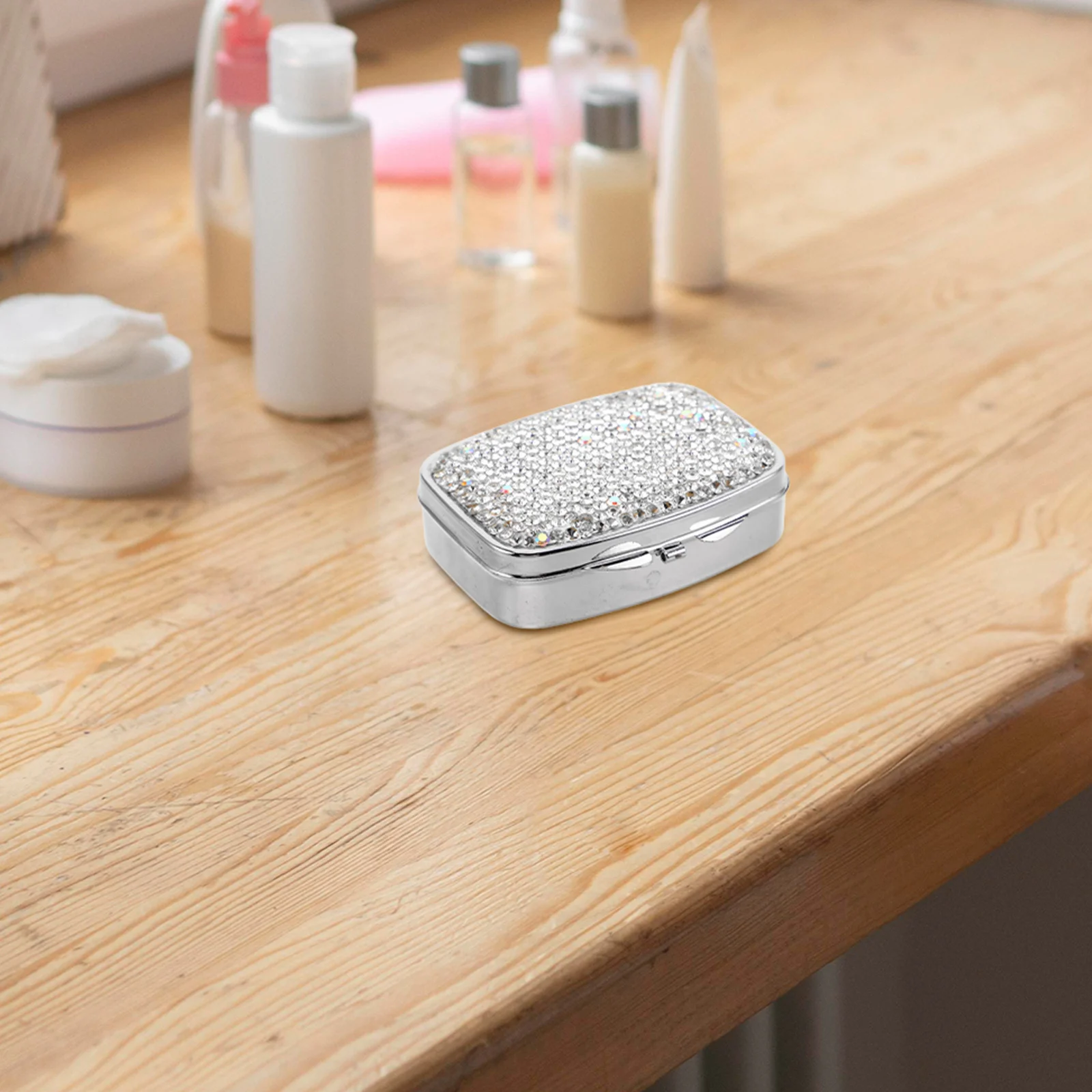 

Portable Mini Pill Box Compact Elegant Rhinestone Medicine Organizer Multi-Compartment Travel Vitamins Supplements Holder