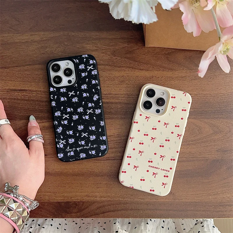 Leather Case with Korean Bow Details, Cherry Blossom Pattern, Compatible with iPhone 15 Pro Max, Apple 14, 13, 12 Models