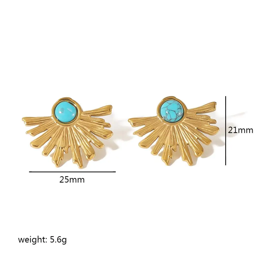 Fashion Elegant Boho Turquoise Earrings High Quanlity 18K Gold Plated Stainless Steel Texture Geometric Stud Earrings for Women