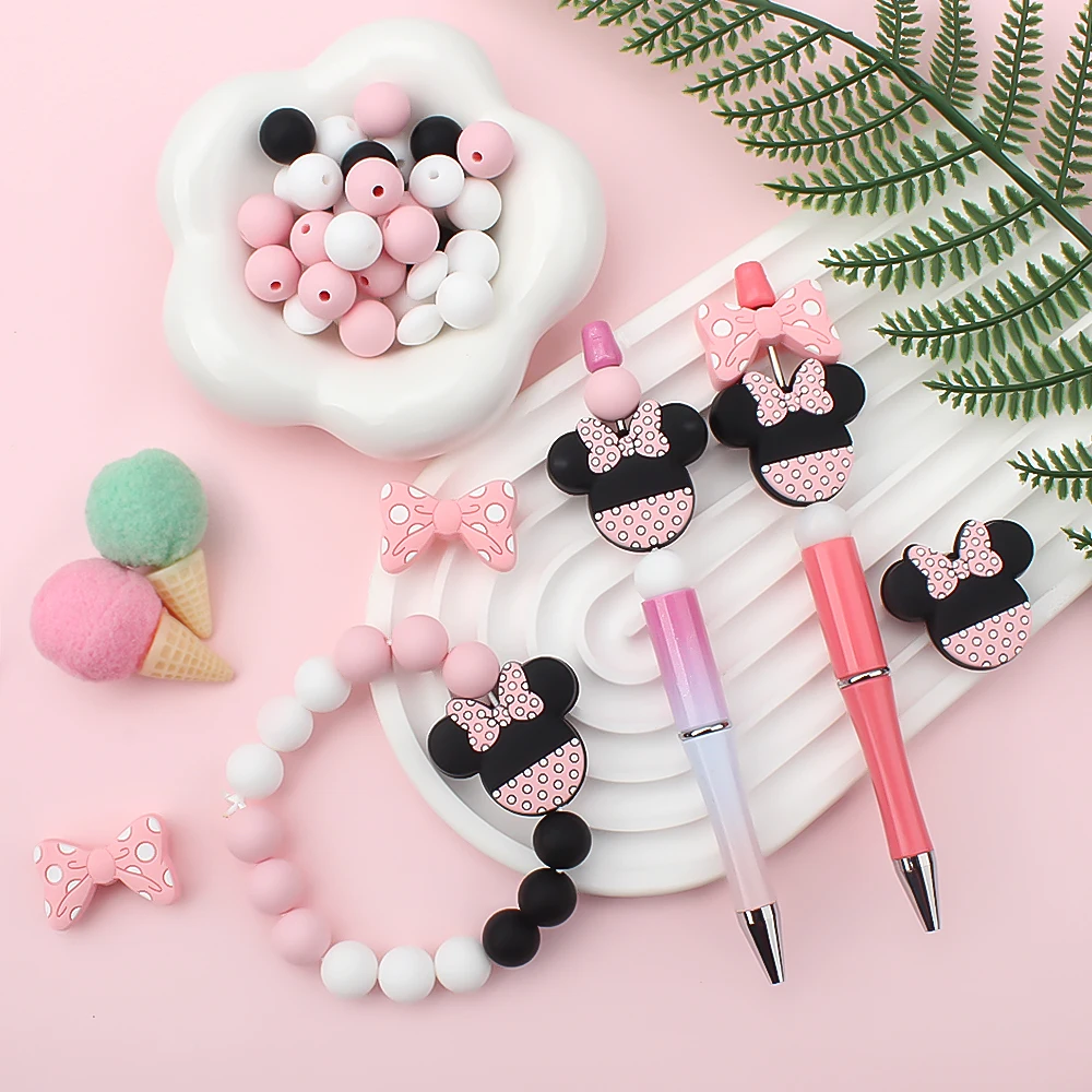 23Pcs/Set Silicone Beads Cute Mouse Focal Beads Set for Pen Making Jewelry Clips Kit Keychain Necklace Bracelet DIY Accessory