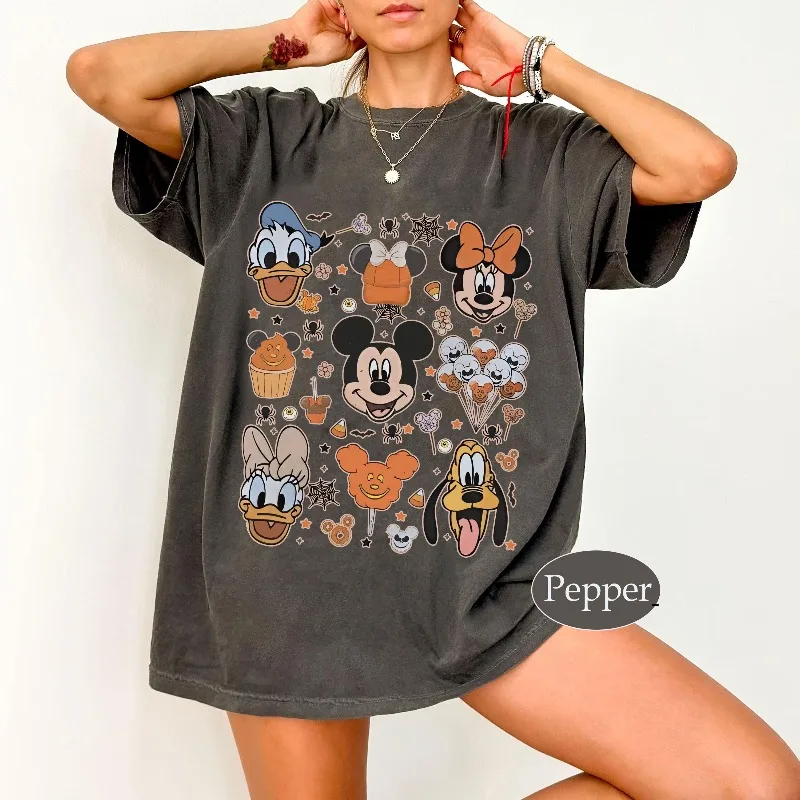 

Женская футболка Disney с Микки и друзьями на Хэллоуин, летняя новая стильная мужская и женская пара, повседневная модная уличная одежда