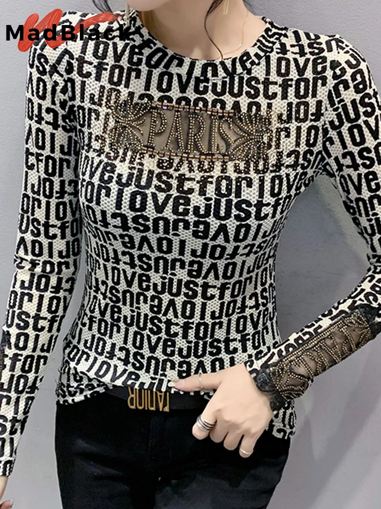 

MadBlack Autumn T-Shirt Chic Sexy O-Neck Print Letter Patchwork Shiny Diamonds Mesh Women Tops Long Sleeve Hand Make Tee T29807X