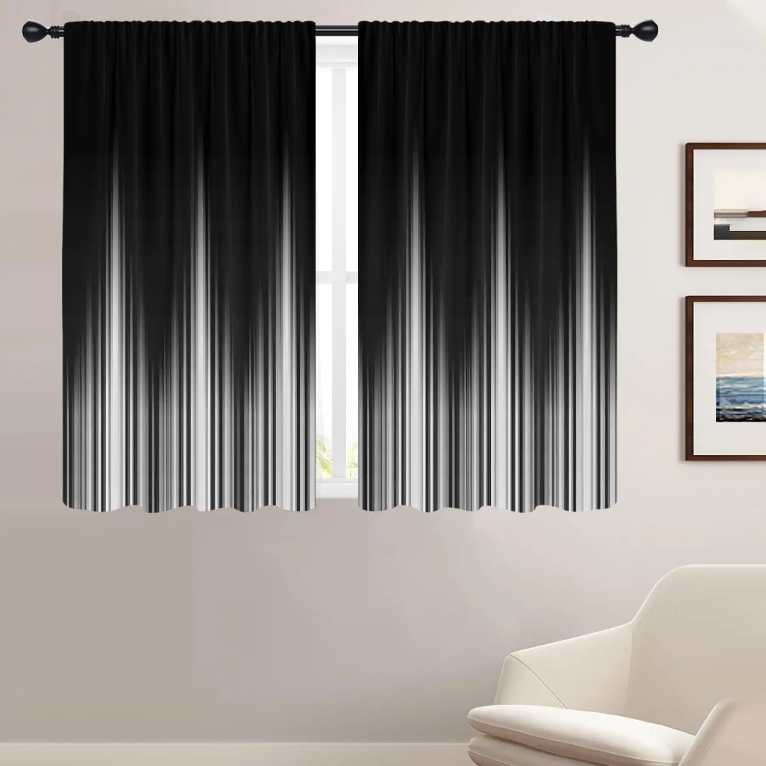 

Coxila White and Black Window Curtains for Bedroom Rod Pocket Wide Gothic Goth Ombre Simple Boho Stripe Design Pattern Gradient