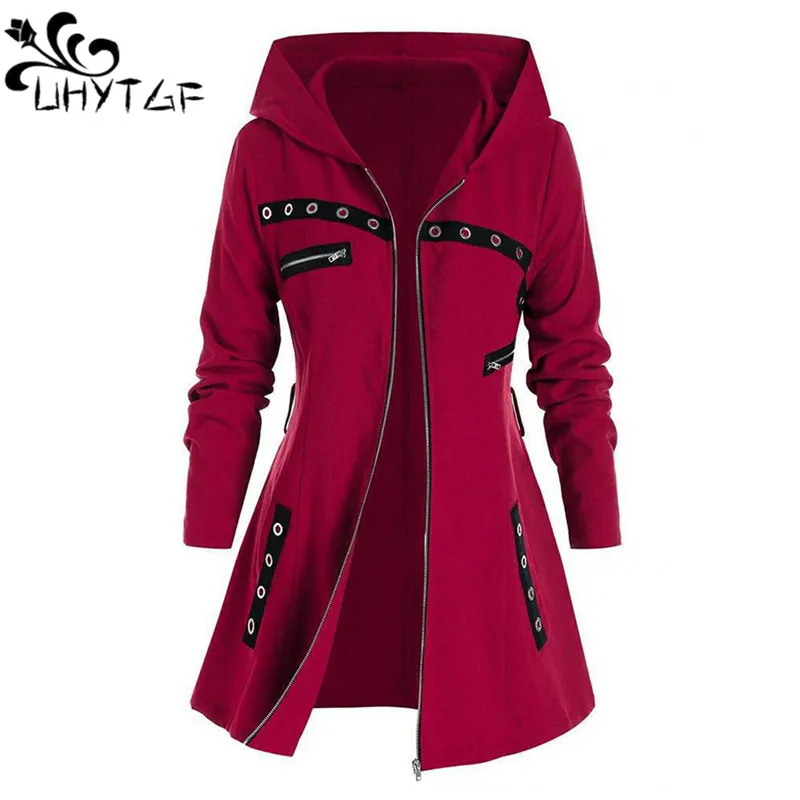 

Long Coat Women Autumn Winter Long Sleeve Gothic Punk Hooded Warm Jacket Female Streetwear Zipper Large Size Sweatshirt Tops 547