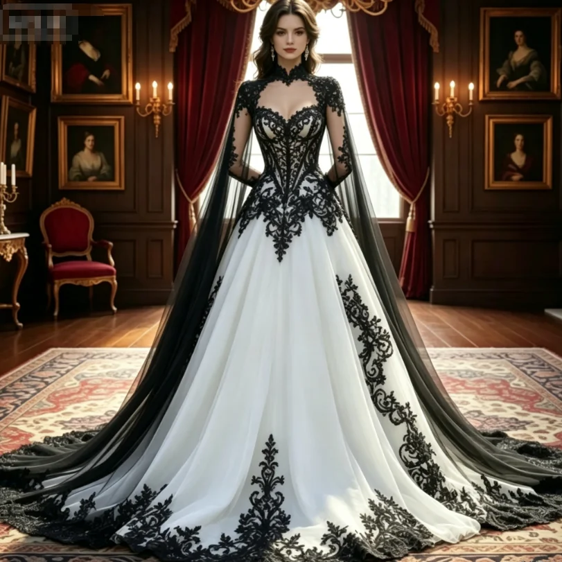 Customized Black White Gothic Wedding Dresses Victorian Lace Appliques A-Line Bridal Gown With Cape Train Civil Vampire