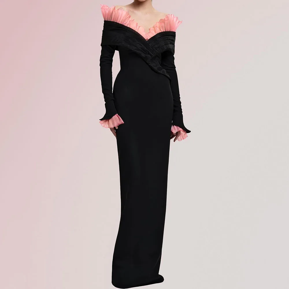 

Customized Straight Evening Dresses Floor-length Off The Shoulder Full Sleeve Prom Gown Fashion Pleat Ruched Draped Party Gown