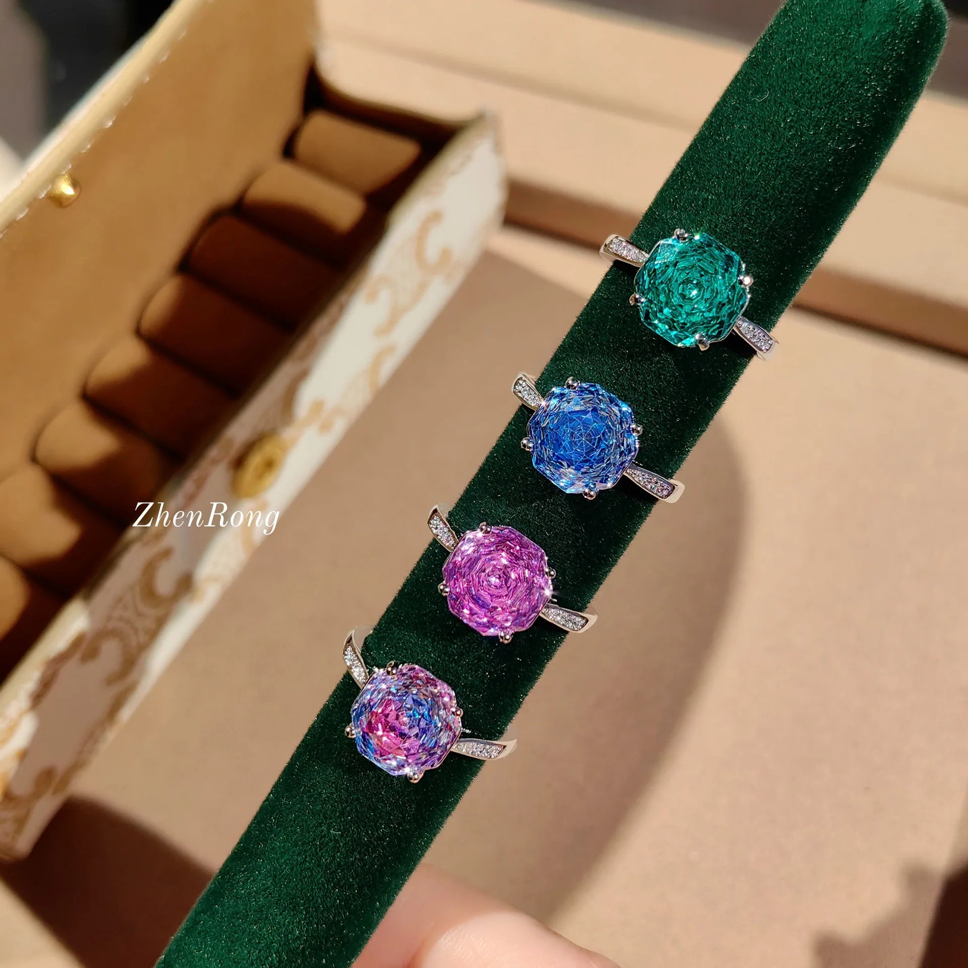 S925 sterling silver ring fashion light luxury inlaid high carbon diamond rose diamond ring women
