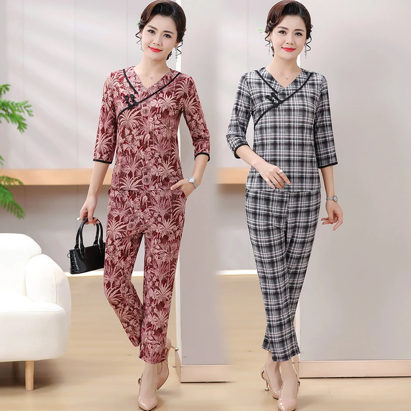 

Middle-Aged And Elderly Women's Short Sleeve Clothing Set Asian style retro Mother's Fit Casual 2-Piece Set
