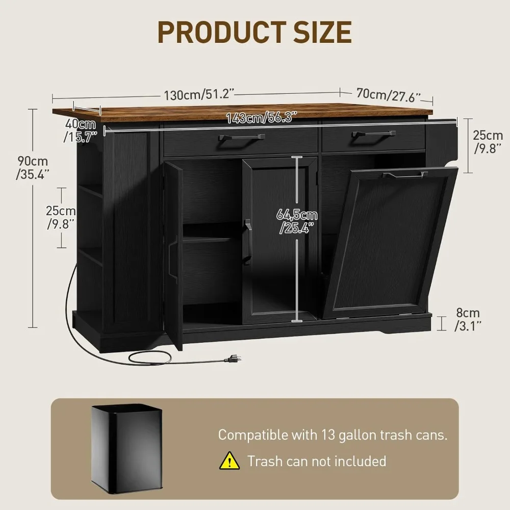 جزيرة المطبخ مع طاقة مدمجة وجوانب قابلة للطي، عربة تخزين محمولة مع حاوية سلة مهملات، مطبخ ريفية متدحرجة