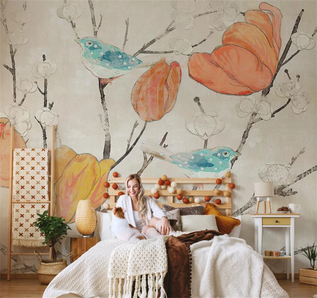 Customized American Hand-Painted Abstract Oil Painting Murals Flower & Birds Living Room TV Background Wall Decorative Wallpaper