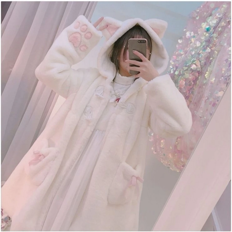 Mantel bulu palsu Lolita manis Girly Jepang musim gugur musim dingin jaket berbulu bertudung telinga kucing Anime kartun hangat pakaian luar