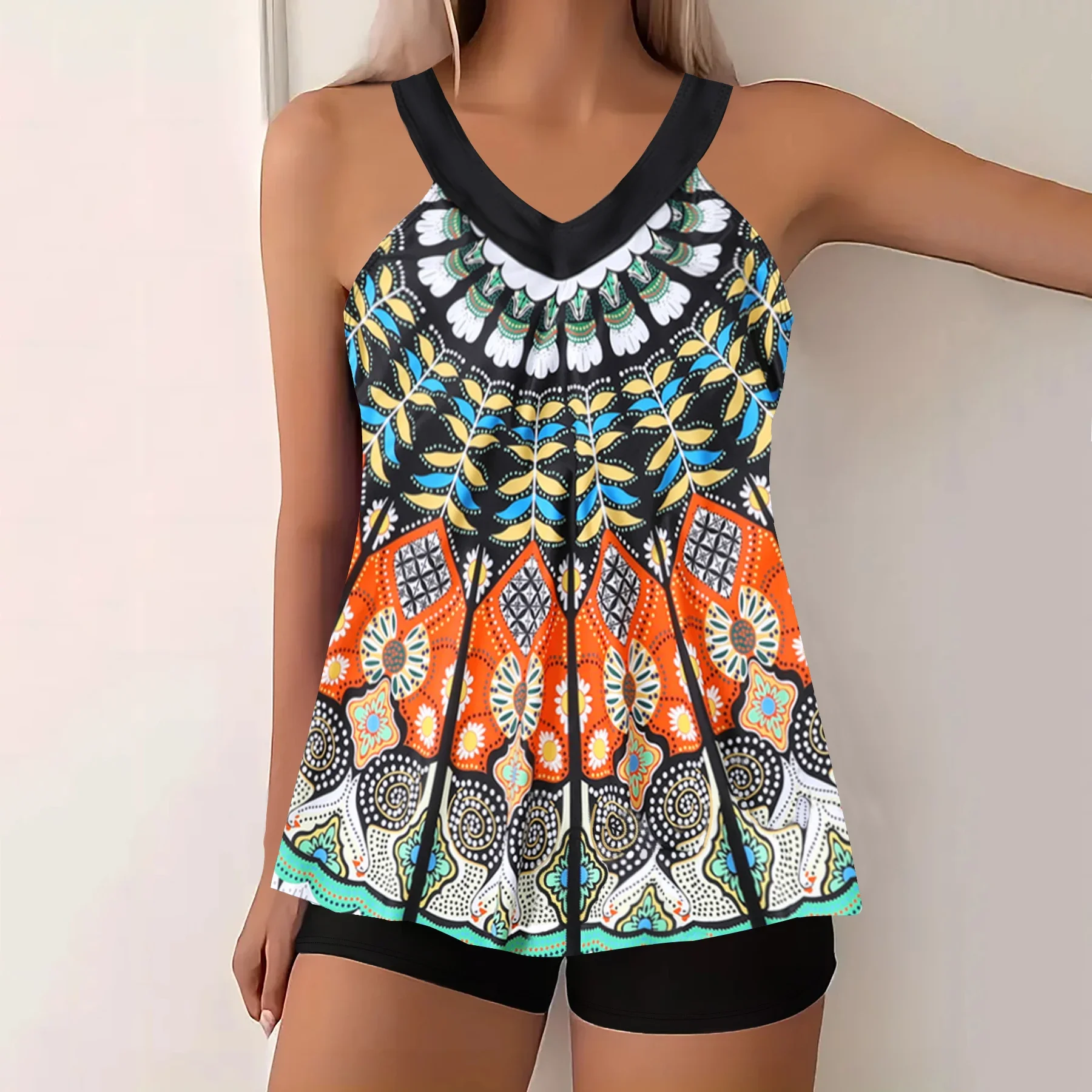 Women's Summer Vacation Tankini Set - High Stretch Crew Neck Swimsuit with Random Print, Knit Fabric 2 Piece Tropical Bikini