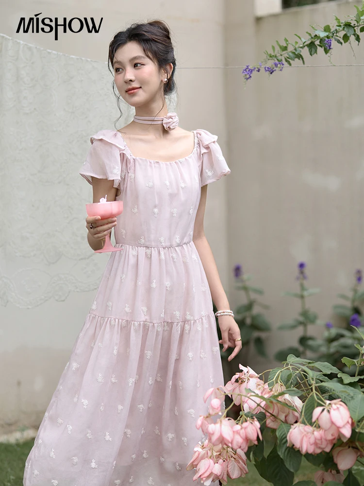 MISHOW French Crochet Flower Frenulum Dress Double Layered Flying Sleeve Dresses Summer Square Neck Fairycore Dress MXD30L2023