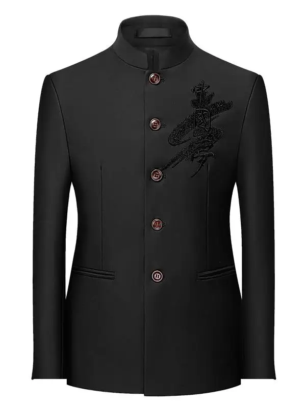 

Мужской костюм Ele Casual: вышитый корейский пиджак, весна 2025, приталенный крой, воротник-стойка, для делового и повседневного стиля