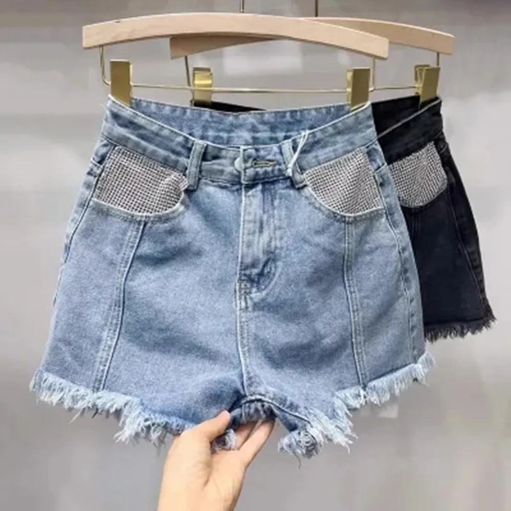 

Fashion Diamonds Denim Shorts Women High Waisted Pocket Slim Jean Casual Female Matching Bottoms 2024