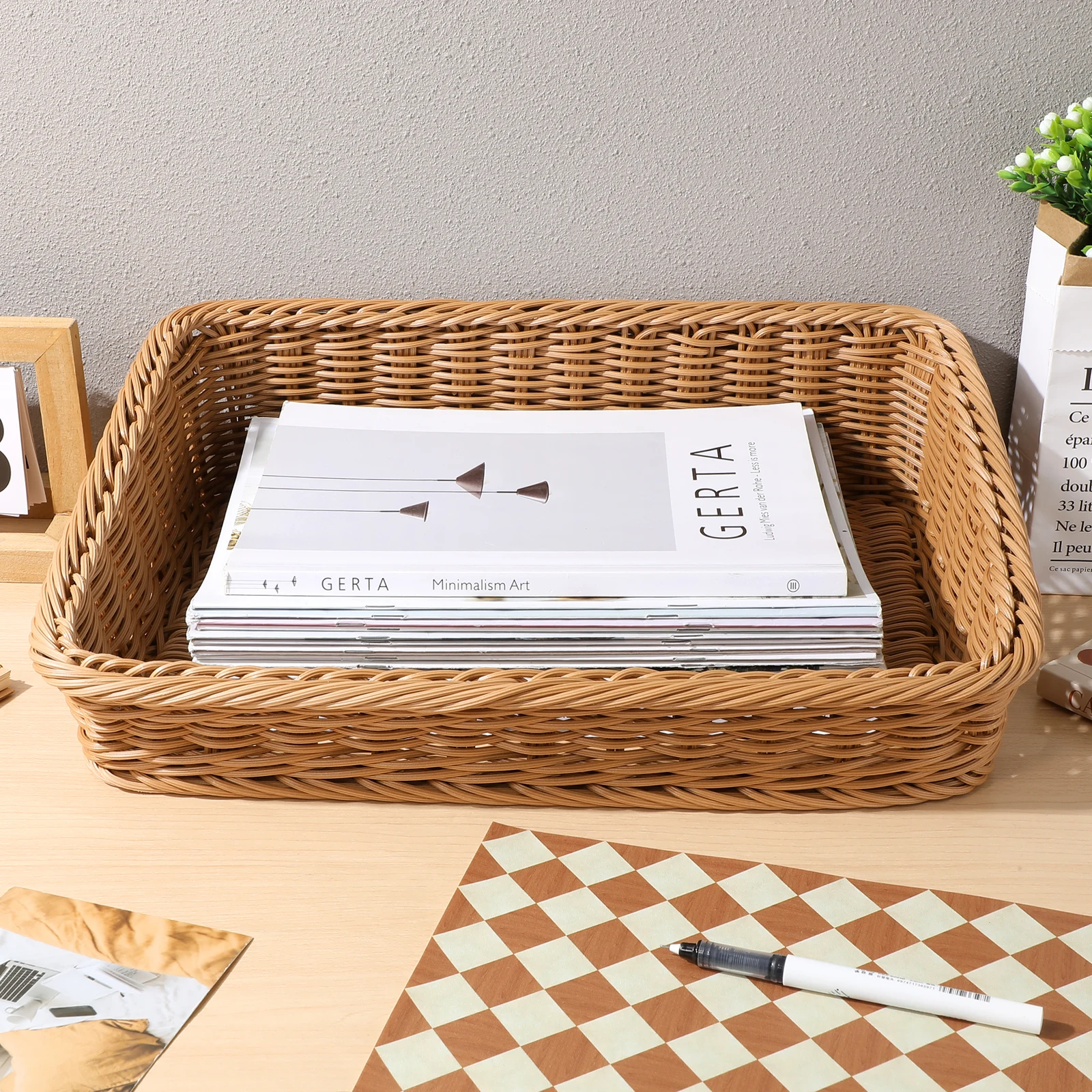 

Japanese Woven Storage Basket Simple Fruit Snacks Kitchen Vegetable Bread Picnic Home Sturdy Natural Photos Prop Basket