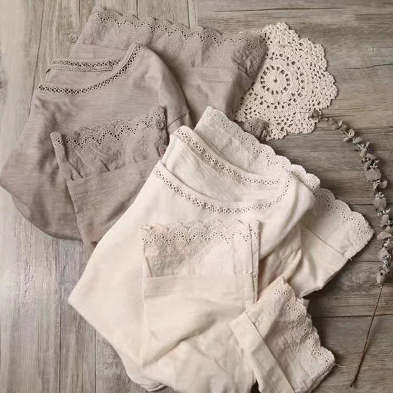 Spring And Autumn Sweet Forest Long-sleeved T-shirt Women Clothing Base Layer With Lace Solid Color Pullover Tops Tees U027