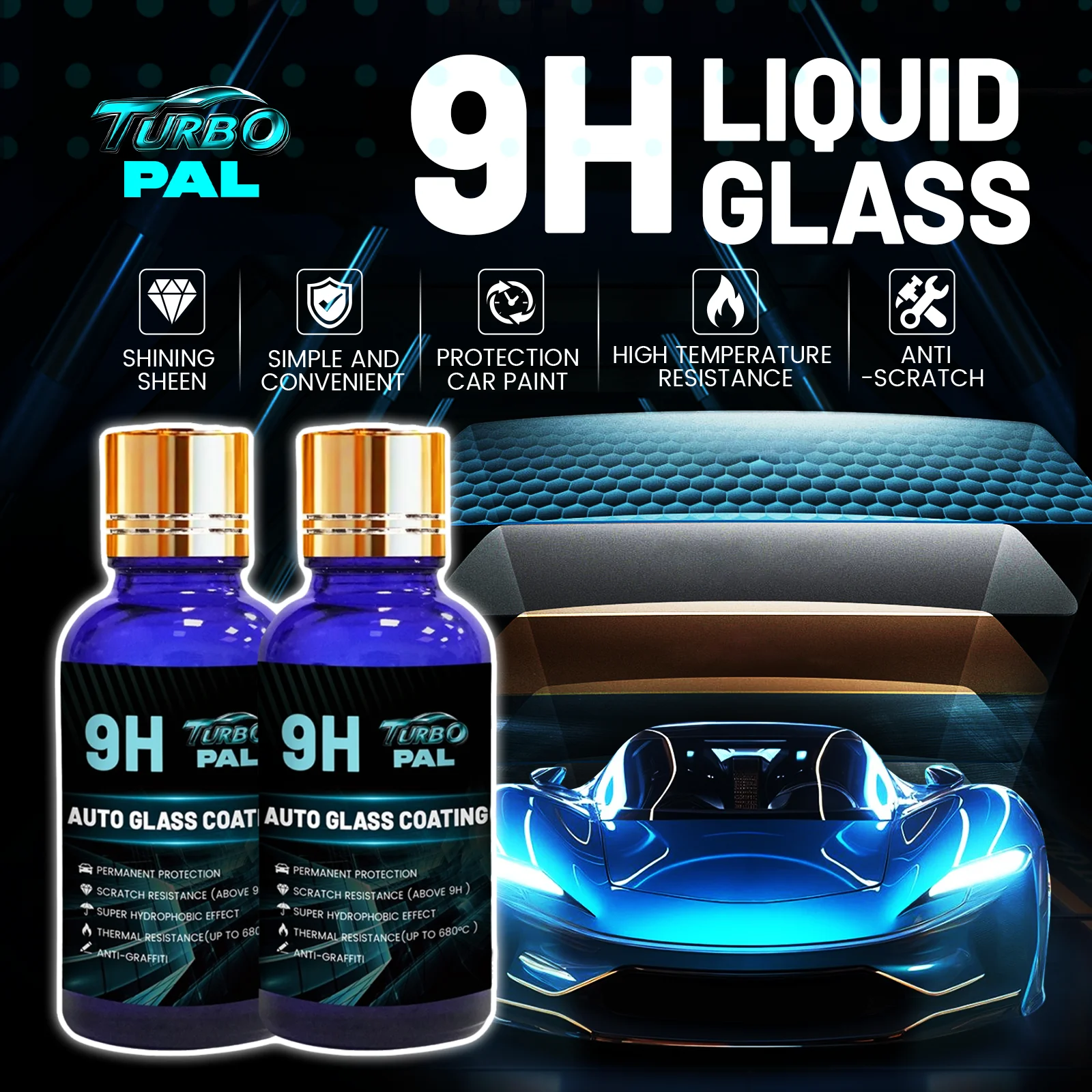 TURBOPAL Kit de revestimiento cerámico 9H de 2 botellas, protector de vidrio líquido de alta dureza, película súper hidrofóbica, brillo extremo, fácil bricolaje