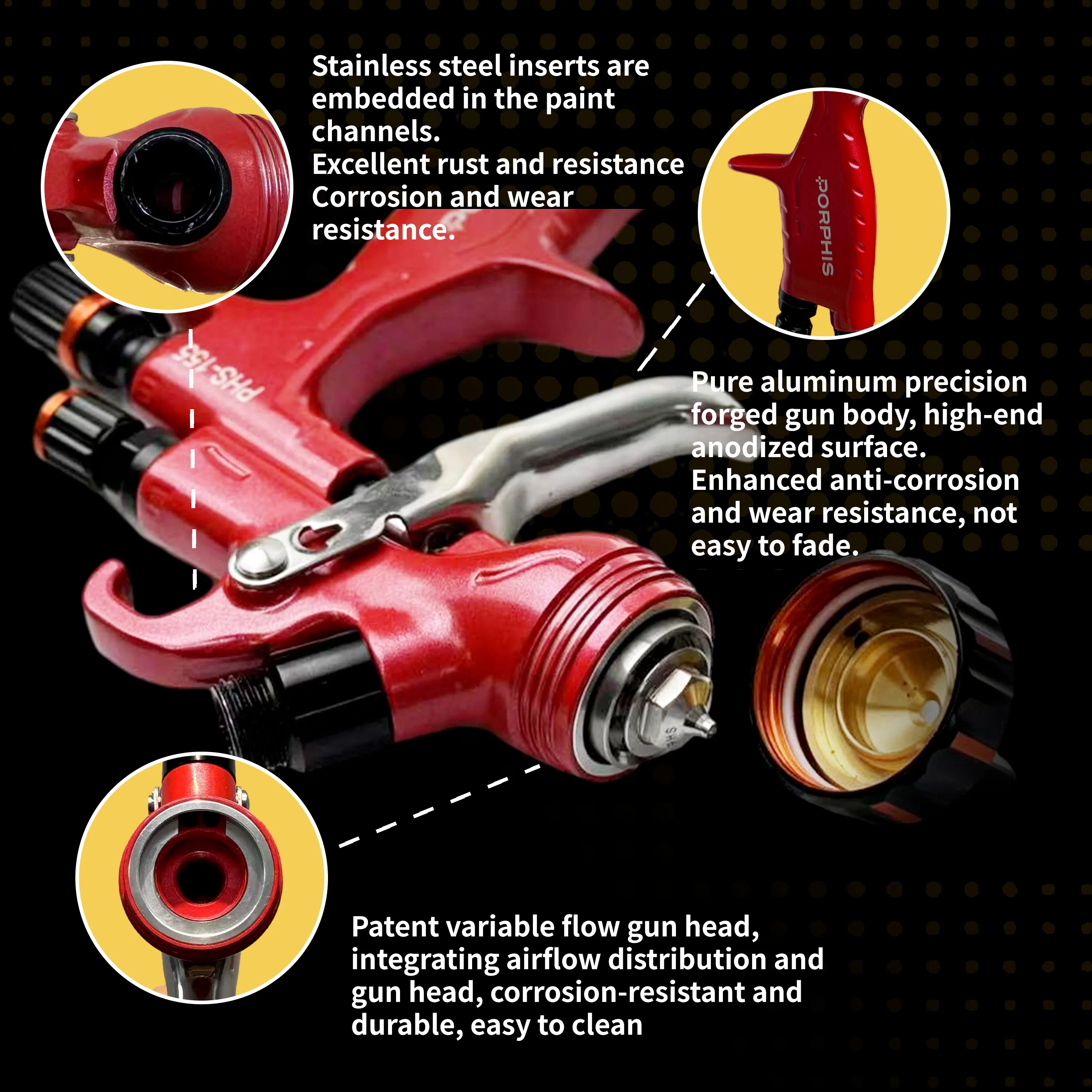 Oringinal PORPHIS Spray Gun PHS-155 Pneumatic Paint Gun Red Spray Gun Professional Automotive Coating Applicator for Car Paint