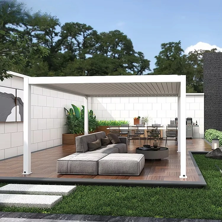 

New Design Bioclimatic Aluminum Pergola With Motorized Adjustable Roof Louvers Waterproof Outdoor Gazebo