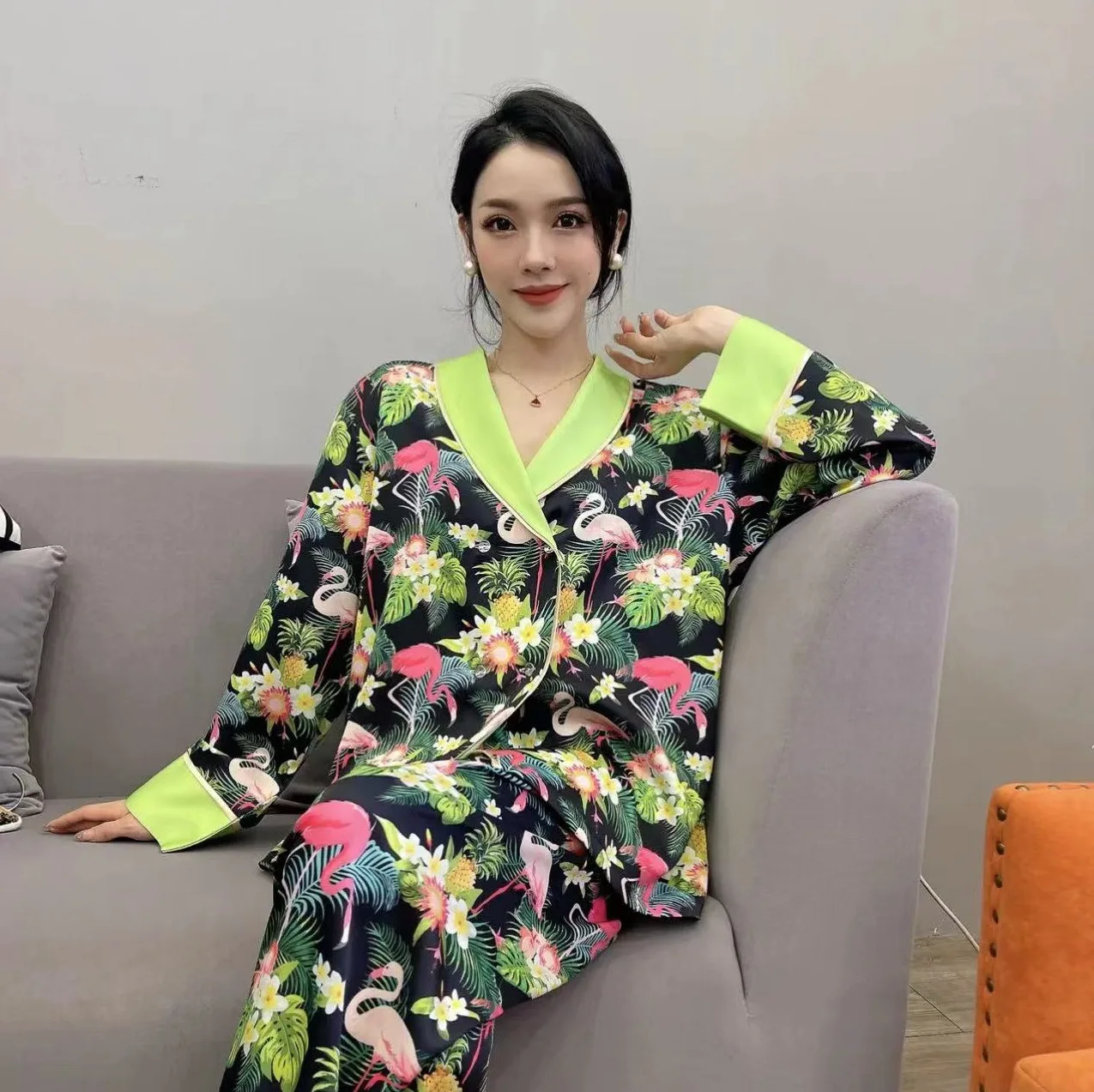 Ice Silk Pajamas for Women Satin Print Sleepwear Long Sleeve Pants 2 Pieces Set Can Be Worn Outside High-quality Home Clothes