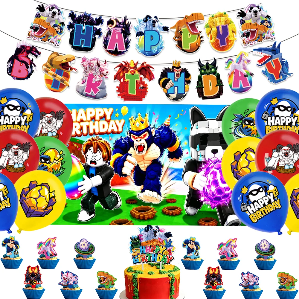 S&Steal An Egg Theme Birthday Party Decoration Background Pixel Game Cake Topper Digital Balloon Kids Gift Supplies Banner Props