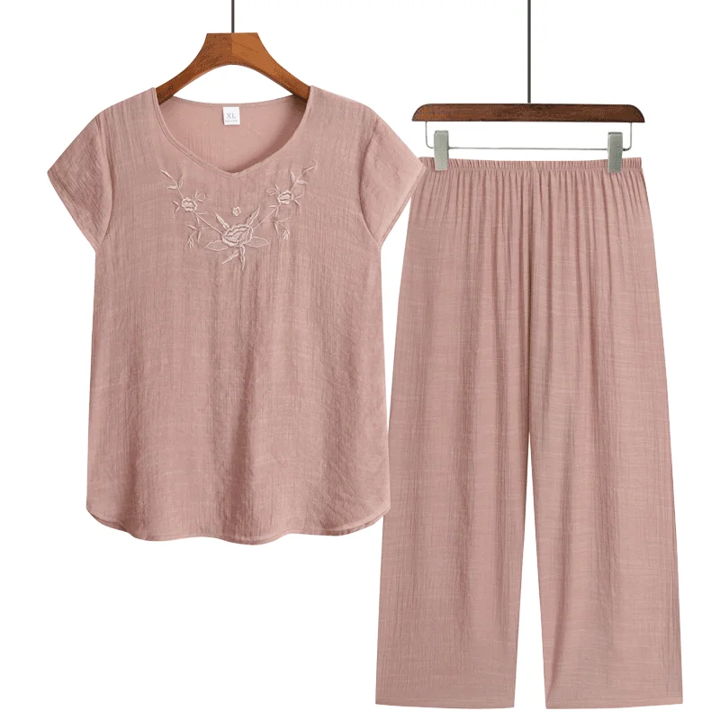 

Elderly Women Solid Textured Two Piece Loungewear Set Round Neck Cap Sleeve Wide Leg Cropped Pants Soft Summer Pajamas