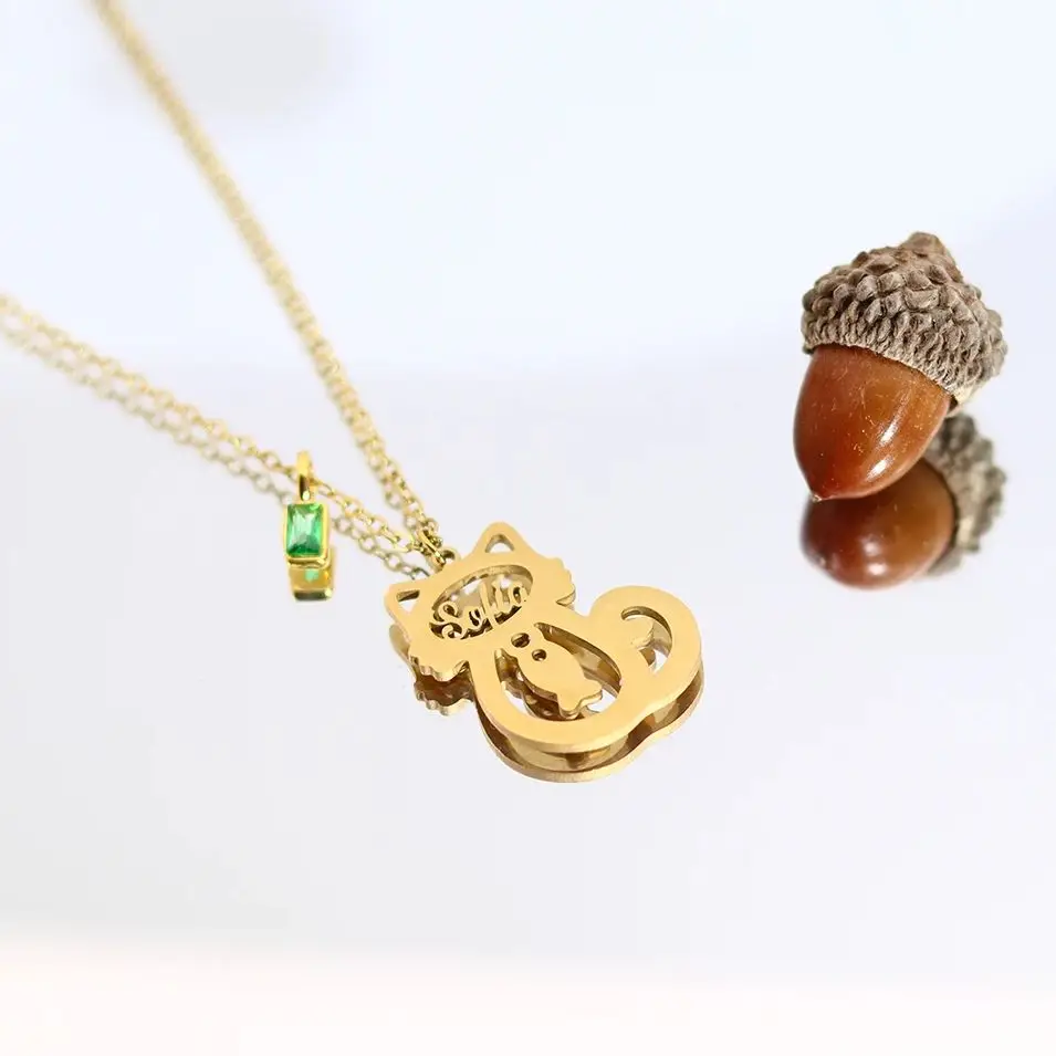 

Chandler Custom Cat Name Necklace Stainless Steel Gold & Silver with Green Zircon Dainty Cat Lover Jewelry For Women