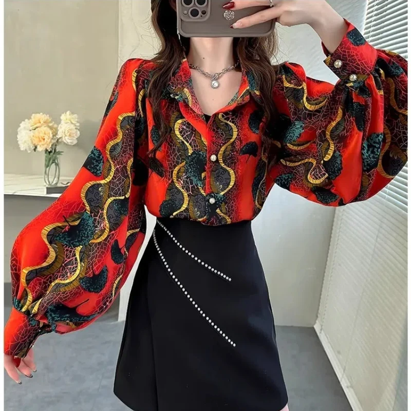 Fashion Preppy Style 2024 Spring New Blouses Women\'s Polo Collar Printed Button Ruched Loose Sweet Lantern Sleeve Chiffon Shirt