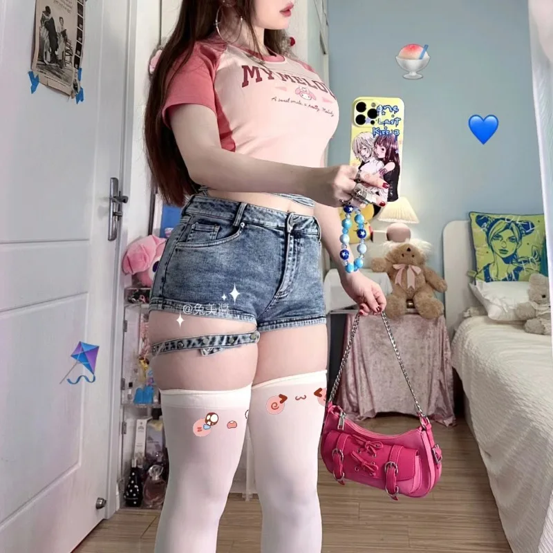 

Y2K Emoji ажурные гольфы выше колена с текстом Kawaii, большие размеры, колготки JK для пышных девушек, прозрачные колготки в готическом стиле аниме