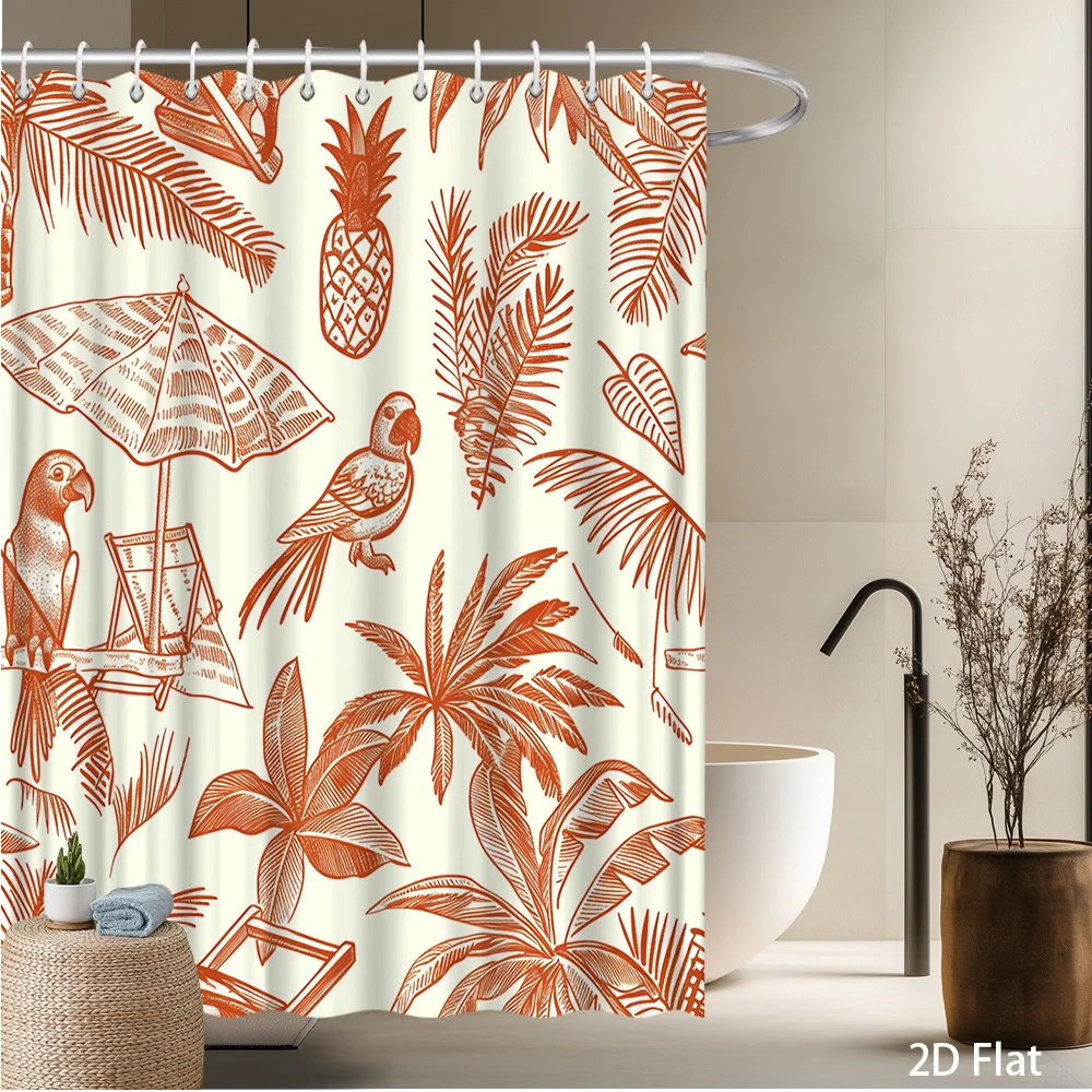 

Tropical Parrot & Palm Leaves Shower Curtain – Exotic Birds, Pineapple, Beach Umbrella Design, 59x70.8in & More Sizes