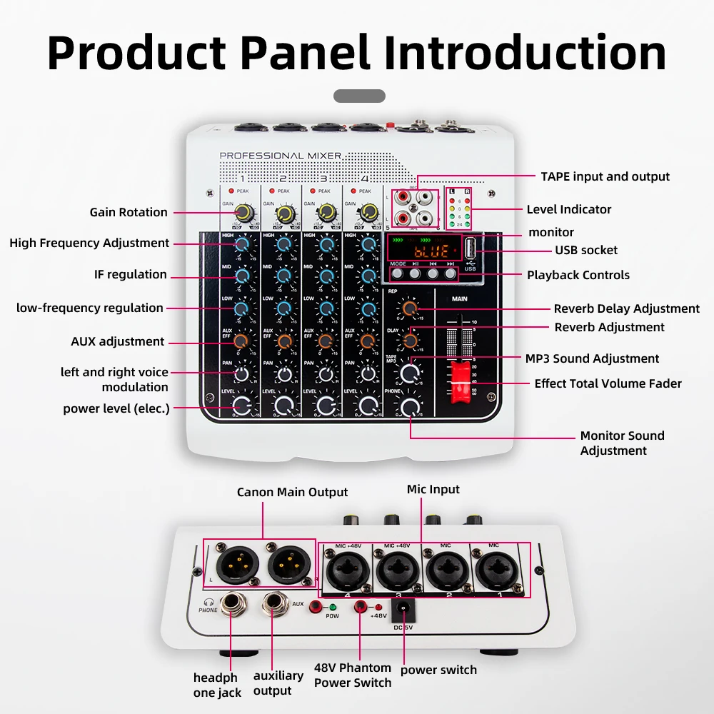 6 Channel Audio Mixer Outdoor Conference Audio USB Bluetooth-compatible Reverb Audio processor Sing Live with Sound Card Mixers