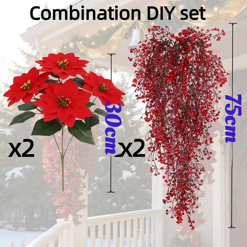 4 قطع من البونسيتة مع مجموعة كرمة الصفصاف الذهبية - زهور محاكاة بلاستيكية مناسبة لجميع الأحوال الجوية وأوراق حمراء لعيد الميلاد في الهواء الطلق #6