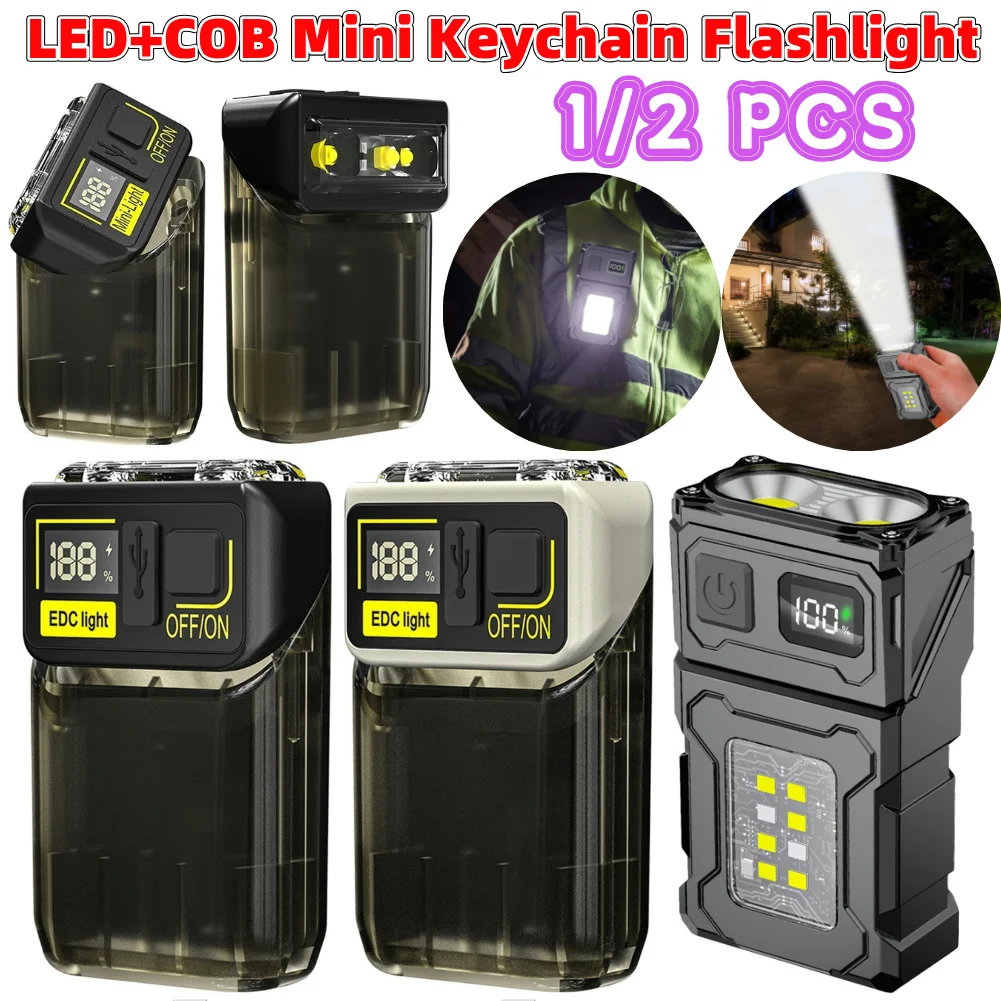 

1/2PCS COB SMD Pocket Emergency Lantern Power Display Powerful Mini Torch Rotatable LED Keychain Flashlight for Camping Fishing